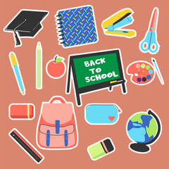 School stationery  stickers set  in flat stile Vector illustration. Back to shool