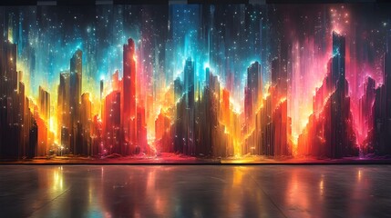 Obraz premium Vibrant Graffiti Mural with Layered Shapes,Neon Splashes,and Holographic Accents