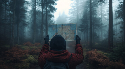 mysterious foggy forest with a hiker holding a map in red and grey tones