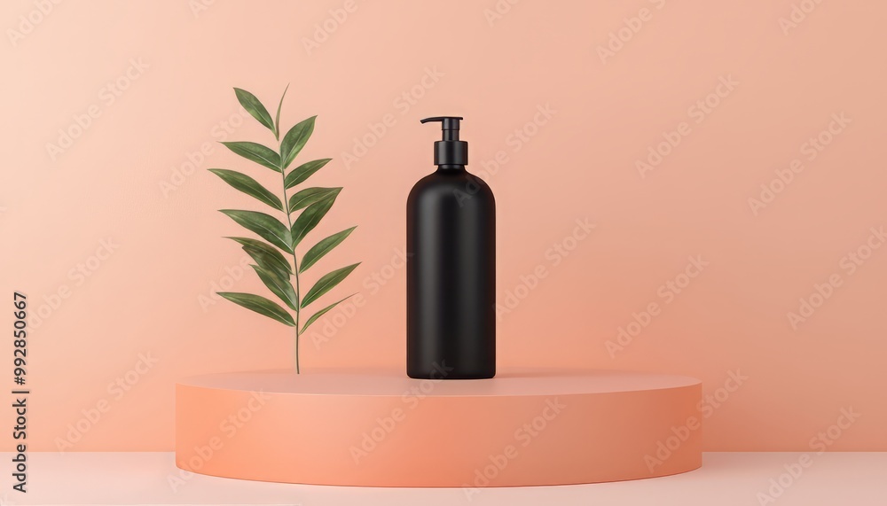 Poster elegant black bottle placed on a minimalistic display with a green leaf, perfect for showcasing cosm