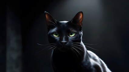 Vertical shot of the black cat in the dark darkness.