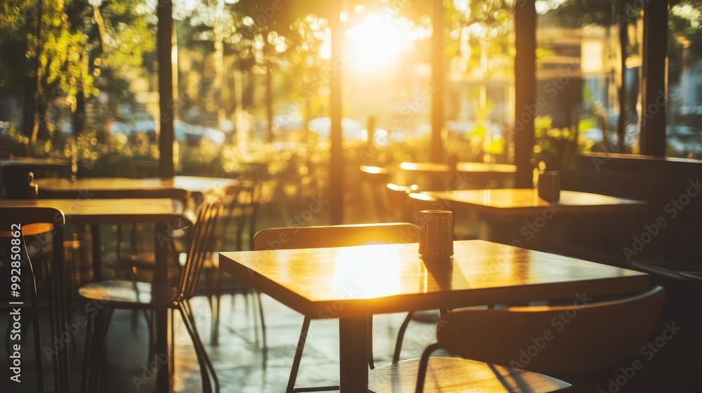 Poster a sunlit café interior with empty tables, creating a warm and inviting atmosphere.