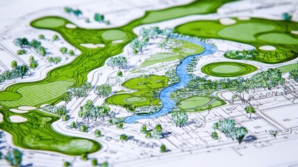 Blueprint of an eco-friendly golf course design, detailing water conservation systems and native landscaping