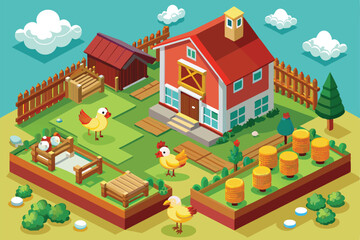 Explore a vibrant chicken farm with cute chickens, a cozy house, and lush green surroundings, Customizable isometric illustration of a chicken farm.