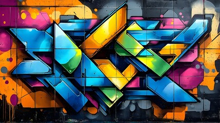 Fototapeta premium Vibrant Abstract Graffiti Art with Geometric Patterns and Metallic Textures