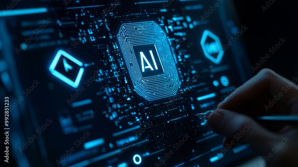 Poster futuristic close-up of ai technology on a digital screen showcasing circuits and data interactions.
