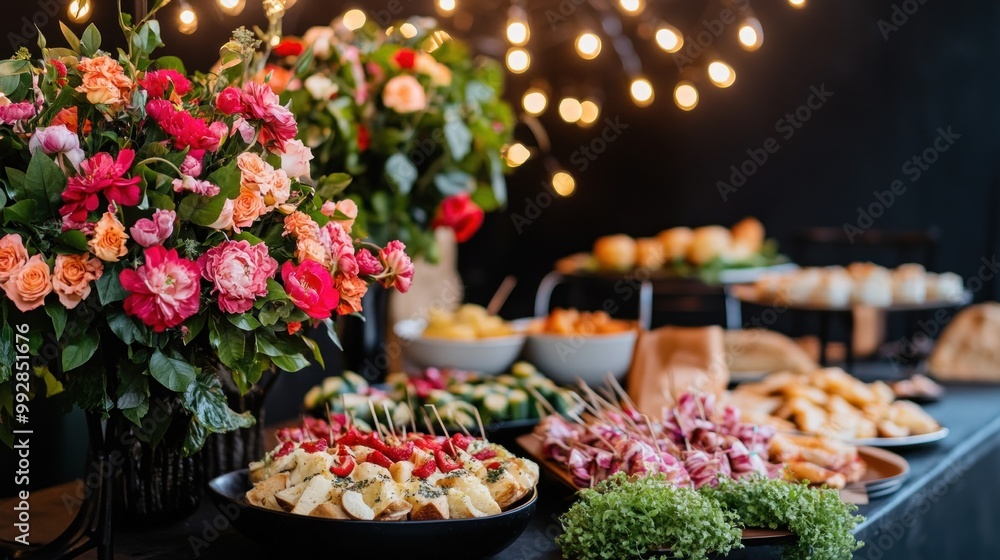 Sticker A beautifully arranged buffet with flowers and various appetizers for a celebration.