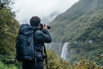 A Photographer Capturing A Waterfall During A Hike, With Mist Rising Around It. The Beauty Of The Scene Inspires Creativity
