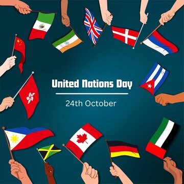 United Nations Day 24th October poster,banner, illustration design with bold typography on green gradient background. Many people holding flags of different countries.