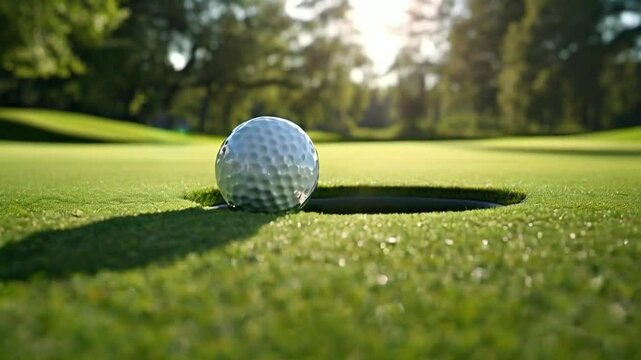 A golf ball near the hole on a lush green course, illuminated by sunlight.