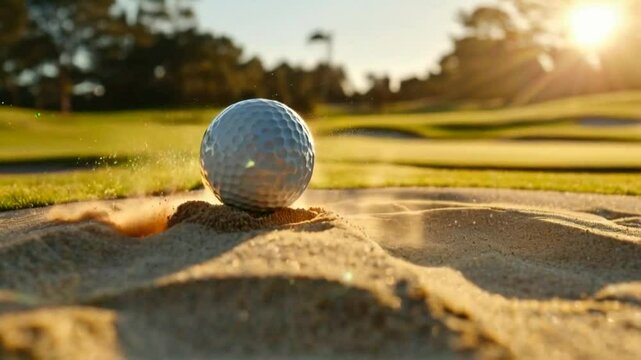 A golf ball emerging from a sand trap during sunset on a golf course.