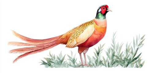 A golden pheasant standing in the underbrush, its feathers glinting in the dappled sunlight filtering through the dense canopy of trees