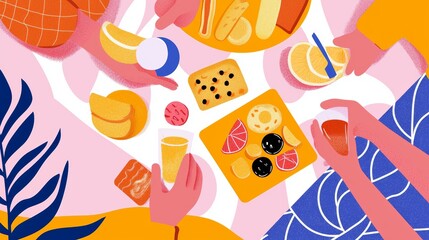 A picnic blanket spread with snacks and drinks, surrounded by friends on a lazy Sunday afternoon, Sunday picnic joy, weekend vibes