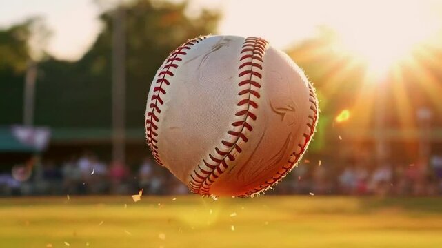 A baseball in mid-air, illuminated by sunlight, creating a dynamic sports moment.