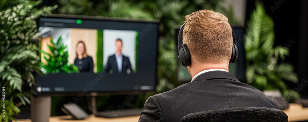 Aufkleber professional individual engaged in a video conference call with colleagues on a modern computer setu