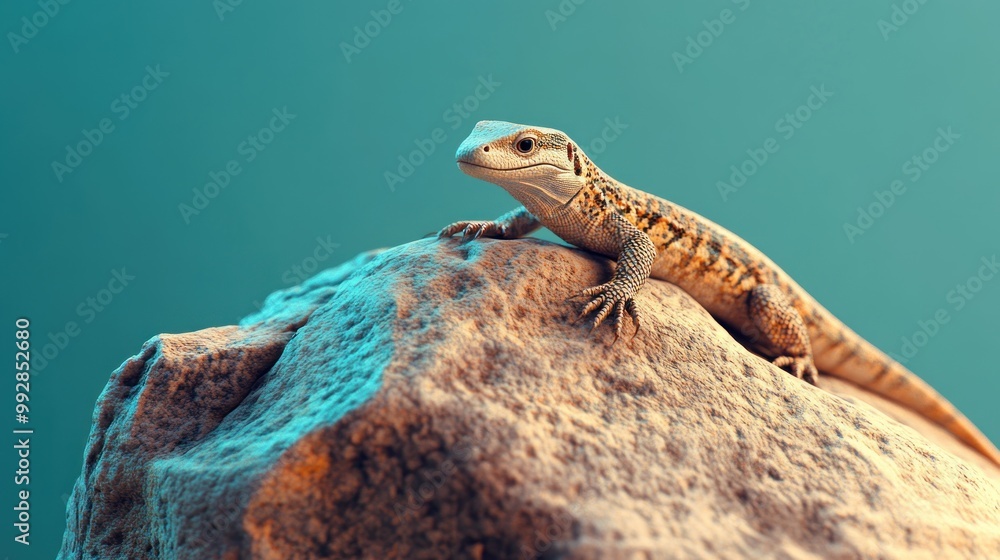Poster a lizard perched on a textured rock against a soft gradient background.