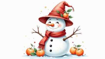 Fototapeta premium Cute cartoon snowman in holiday clothes with Christmas decorations on a white background. Watercolor drawing