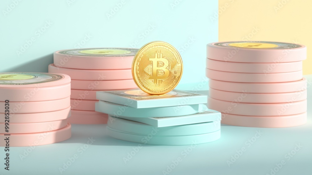 Poster a digital representation of cryptocurrency with stacked coins and a central bitcoin symbol.