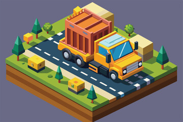 Obraz premium A yellow truck carries crates along a winding road in a vibrant, green isometric landscape setting, Customizable isometric illustration of a construction truck.