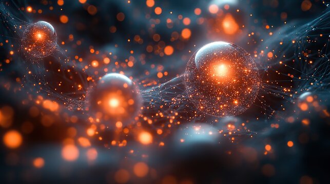 Fototapeta A futuristic universe of AI and robotic systems, featuring molecules, chemical atoms, and cyber networks in a 3D rendering.