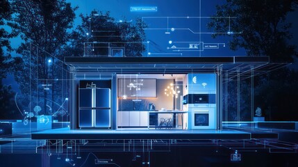 Blueprint of a compact smart home, featuring IoT connected appliances and energy-efficient design