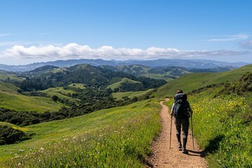 A Solo Traveler Hiking A Scenic Route With Views Of Rolling Hills. The Adventure Brings A Sense Of Freedom And Joy