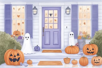 Obraz premium Charming Halloween Porch: A whimsical illustration of a charming suburban home decorated for Halloween, featuring a purple front door, pumpkins, ghosts, and autumn leaves. 