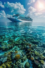 Massive cruise ship sailing through the clear, vibrant waters of the Maldives, with bright sunlight and colorful coral reefs.