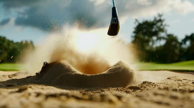 A golfer swings a club to hit a ball buried in sand, creating a spray of sand particles.