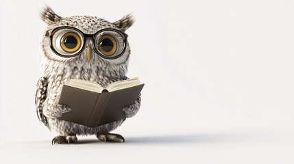 An owl with glasses holding a book on white background
