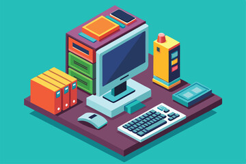 A vibrant isometric illustration showcases a desktop computer setup with supplies and accessories, Customizable isometric illustration of a desktop computer.