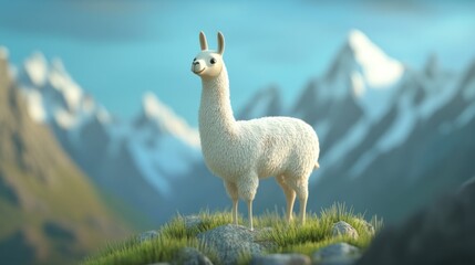 Fototapeta premium A stylized llama stands on a rocky outcrop with a mountainous background.