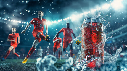 A can of super sport drink energy drink and soccer players running around playing football in a stadium background, liquid splash and bubbles