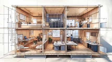 Blueprint of a digital nomad co-living space, with communal working areas and private modular units