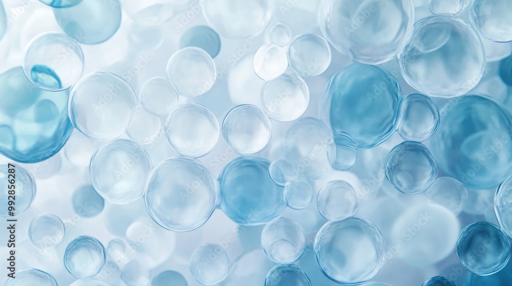 Poster translucent bubbles in different sizes, overlapping in soft blue and white tones