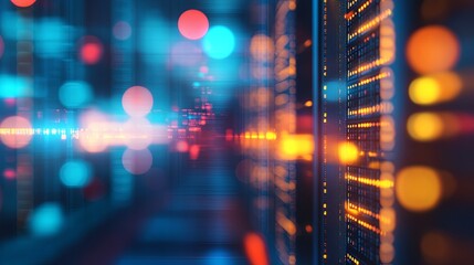 Obraz premium A computer server room with a blue background and orange and yellow lights