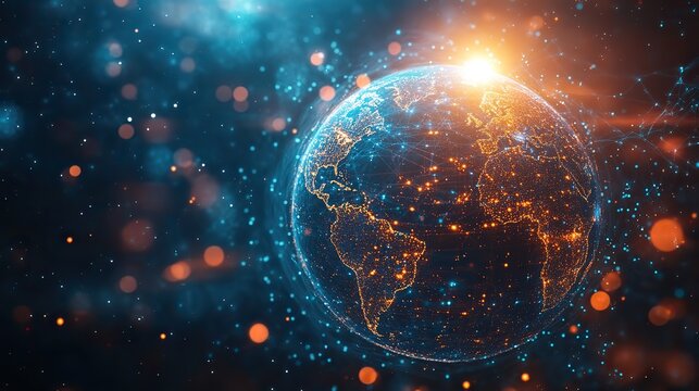 A global business and communication theme in an abstract tech background, illustrating digital connections and innovation.