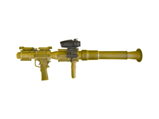 Modern sand colored rocket-propelled grenade launcher is isolated on transparent background.