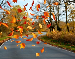 A dynamic shot of autumn leaves caught mid-air as they are swept along a quiet countryside road.