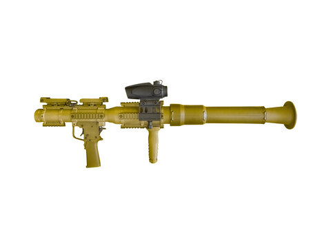 Modern sand colored rocket-propelled grenade launcher is isolated on transparent background.