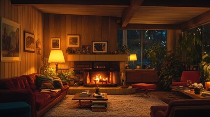 Cozy living room with a fireplace, warm lighting, and plants, creating a relaxing atmosphere.