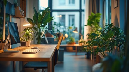Fototapeta premium A cozy indoor workspace filled with plants and warm lighting, creating a calming atmosphere.