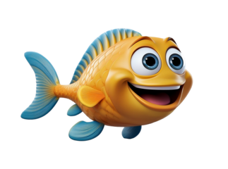 Cartoon illustration of a happy blue and yellow smiling fish character