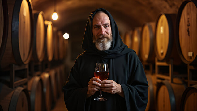 A contemplative monk in a dark robe holds a glass of red wine, surrounded by wooden barrels in a dimly lit cellar. Ideal for wine marketing, spiritual themes, and storytelling in culinary arts