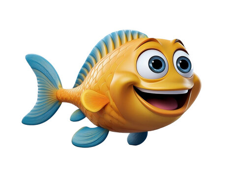 Cartoon illustration of a happy blue and yellow smiling fish character