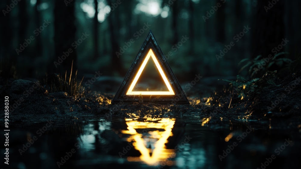 Poster a glowing triangular structure in a dark forest, reflecting in water.