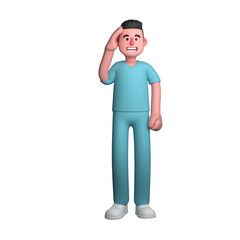 Animated Male Nurse. . A male nurse is standing with his right hand placed on his forehead. 3D Healthcare Practitioner