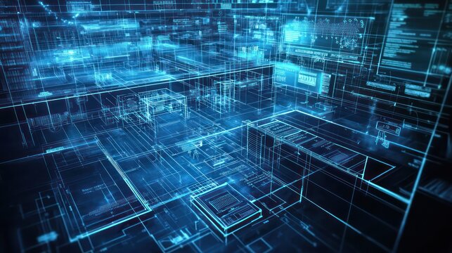 Blueprint of a high-tech forensic science facility, detailing evidence processing labs and secure data centers
