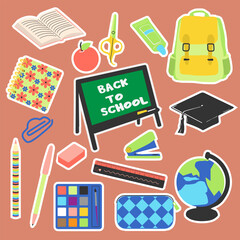 School stationery  stickers set  in flat stile Vector illustration. Back to shool