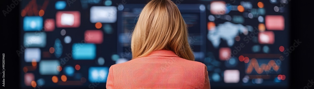Poster a focused professional observing data on a digital display, showcasing modern technology and analyti